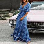 Floral Print Waist Tassel Tie Button Through Flared Sleeve Dress