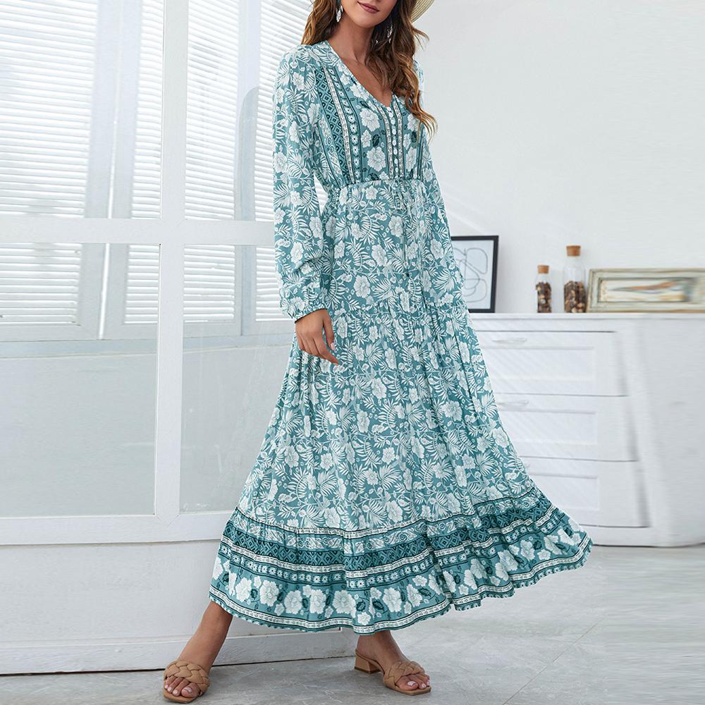Half Button Allover Floral Print V Neck Bishop Sleeve Maxi Dress