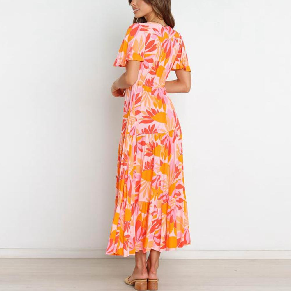 Orange V Neck Butterfly Sleeve Plant Print Slit Hem Drawstring Waist Dress