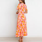 Orange V Neck Butterfly Sleeve Plant Print Slit Hem Drawstring Waist Dress