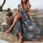 Women Boho Summer Beach V Neck Short Sleeve Belted Maxi Dress