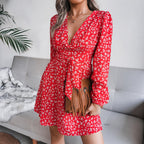 Puff Sleeve Chiffon Dress High Waist Floral Printed Dress