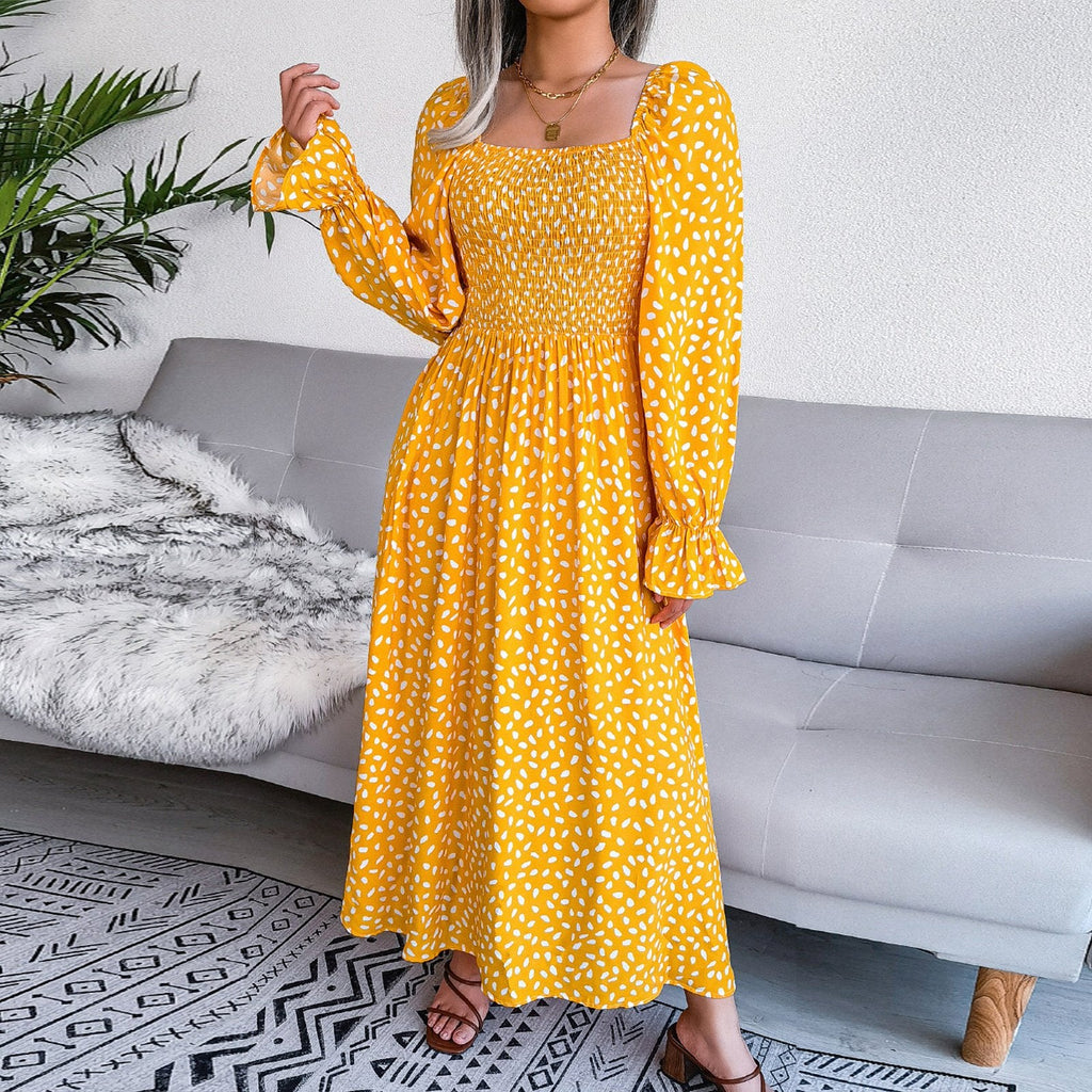Dalmatian Print Flounce Sleeve Square Neck Shirred A Line Dress