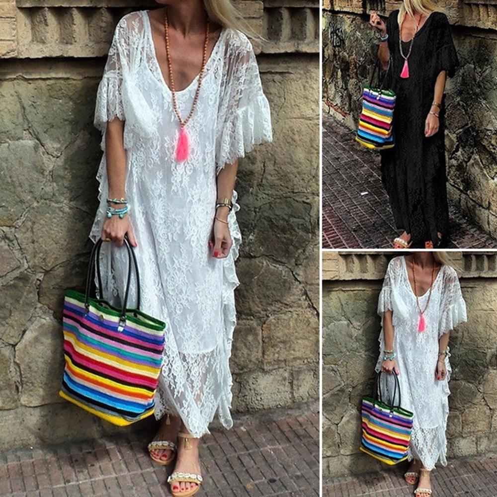 White & Black Flounce Sleeve V Neck Sheer Lace Ruffle Trim Dress