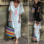 White & Black Flounce Sleeve V Neck Sheer Lace Ruffle Trim Dress