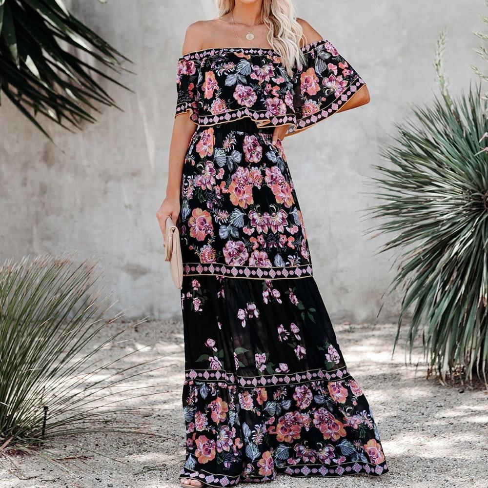 Allover Floral Print Off Shoulder Ruffle Hem Belted Maxi Dress
