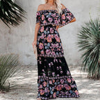Allover Floral Print Off Shoulder Ruffle Hem Belted Maxi Dress