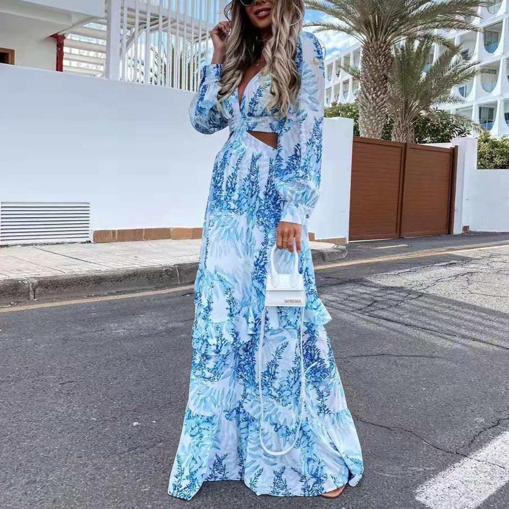 Allover Print Plunging Neck Cut Out Waist Bishop Sleeve Maxi Dress