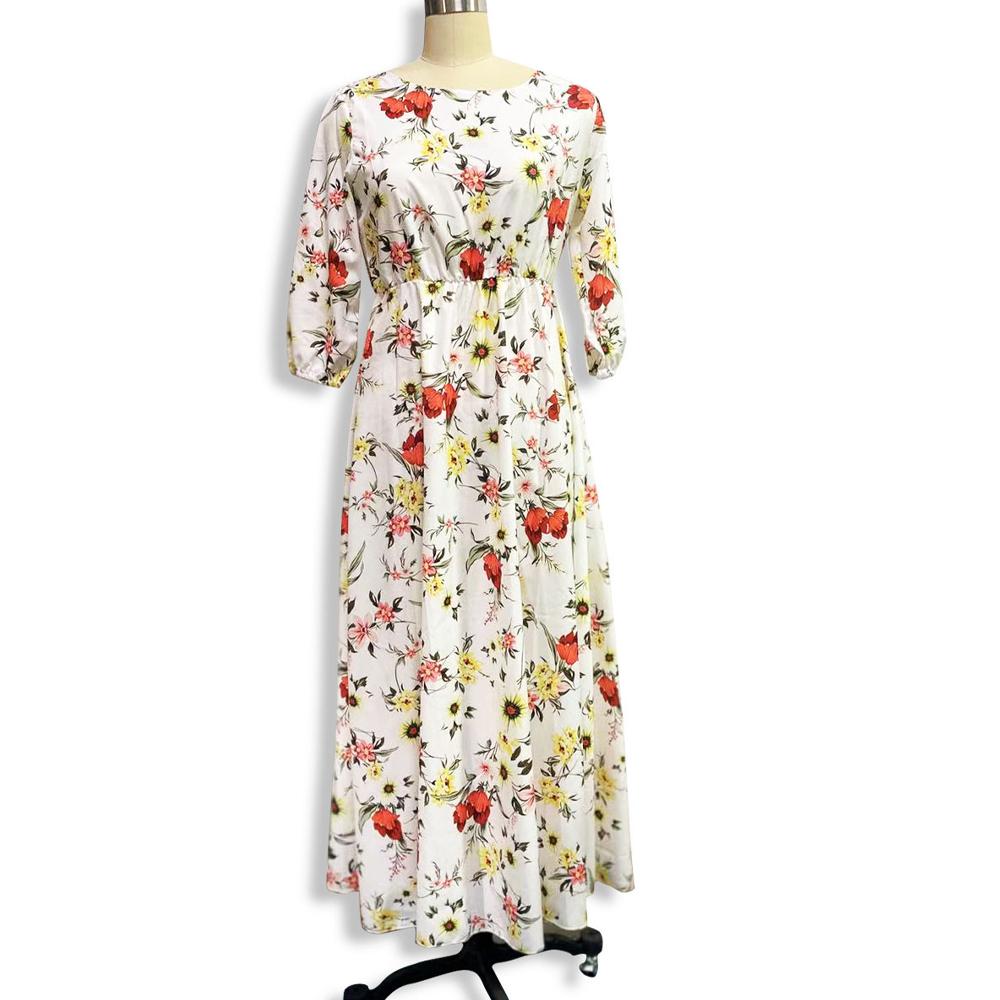A-Line Floral Print Lantern Sleeve High Waist Long Dress Without Belt