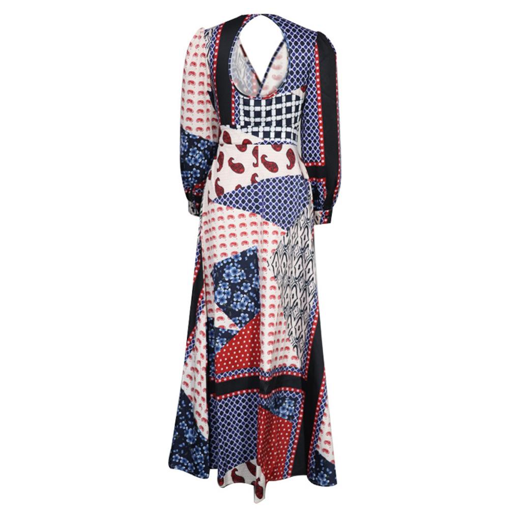 Geo Print Surplice Front V Neck Bishop Sleeve Backless Long Dress