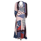Geo Print Surplice Front V Neck Bishop Sleeve Backless Long Dress