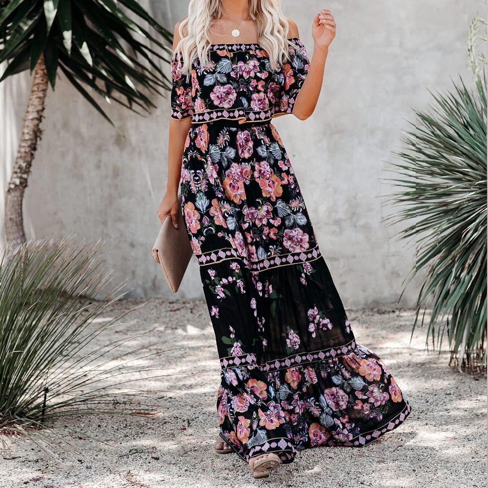 Allover Floral Print Off Shoulder Ruffle Hem Belted Maxi Dress