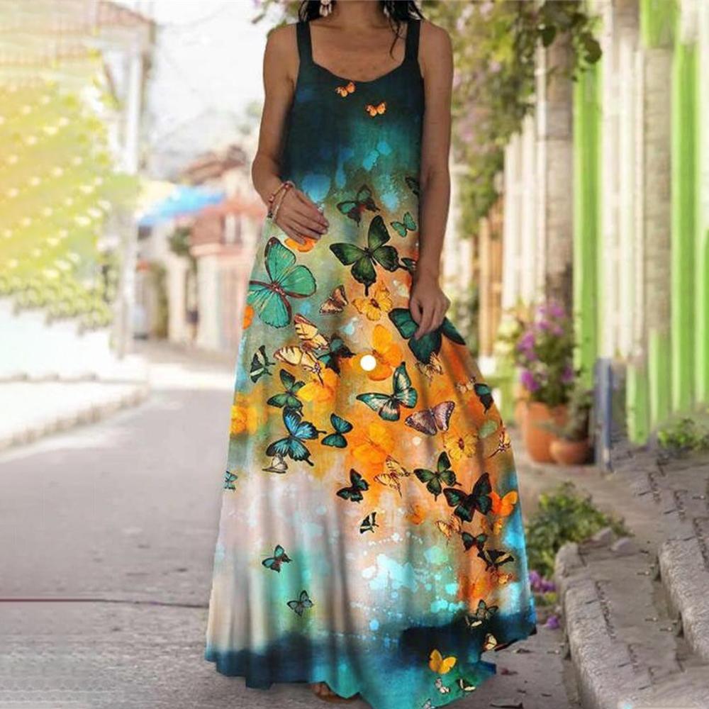 Butterfly & Floral Round Neck Wide Strap Cami Dress