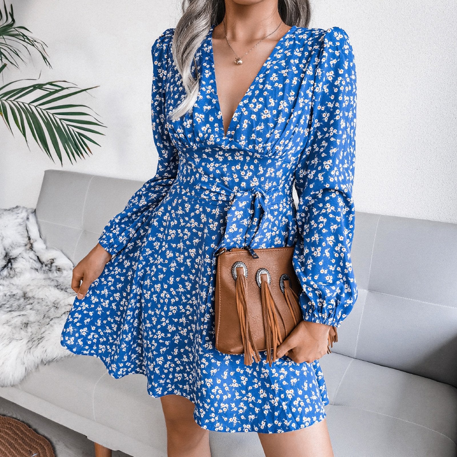 Puff Sleeve Chiffon Dress High Waist Floral Printed Dress