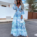 Allover Print Plunging Neck Cut Out Waist Bishop Sleeve Maxi Dress