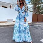 Allover Print Plunging Neck Cut Out Waist Bishop Sleeve Maxi Dress