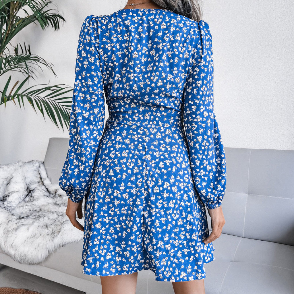 Puff Sleeve Chiffon Dress High Waist Floral Printed Dress