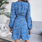Puff Sleeve Chiffon Dress High Waist Floral Printed Dress