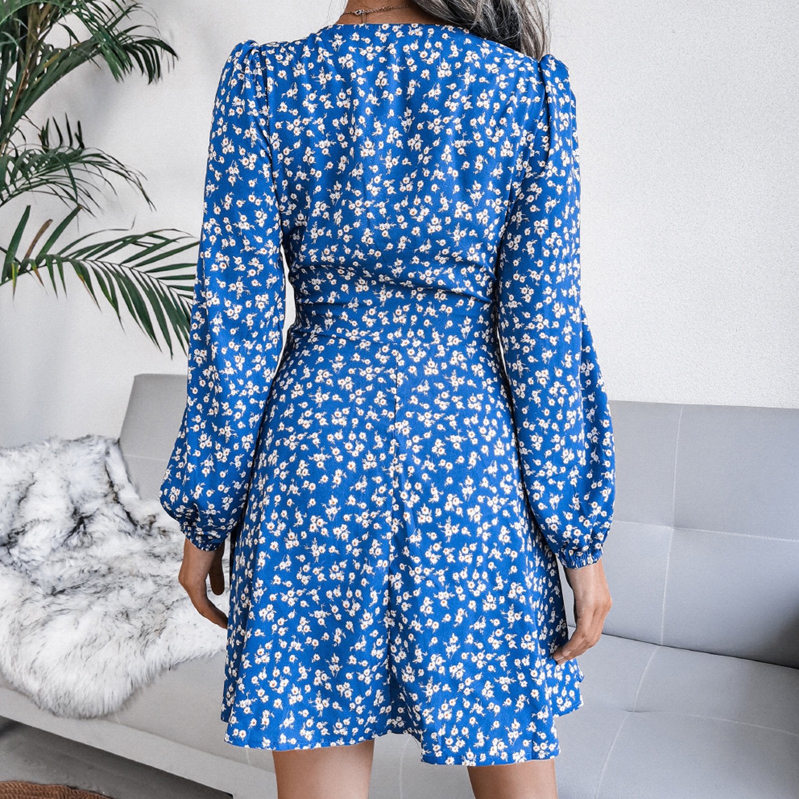 Puff Sleeve Chiffon Dress High Waist Floral Printed Dress