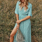 Green Allover Print Dolman Sleeve V Neck Slit Thigh Dress
