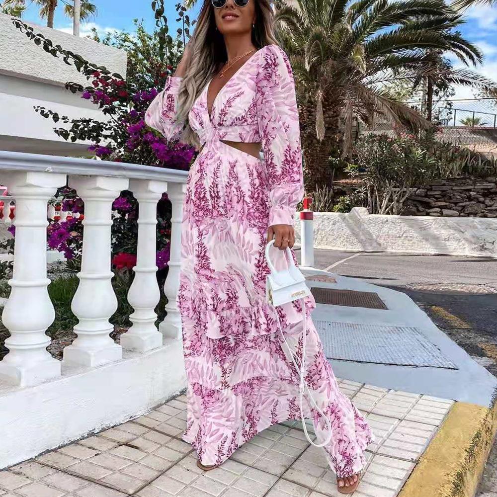 Allover Print Plunging Neck Cut Out Waist Bishop Sleeve Maxi Dress
