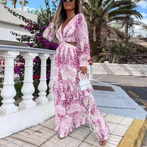 Allover Print Plunging Neck Cut Out Waist Bishop Sleeve Maxi Dress