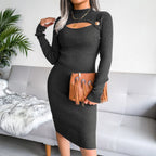 Mock Neck Cut Out Button Detail Bodycon Sweater Dress