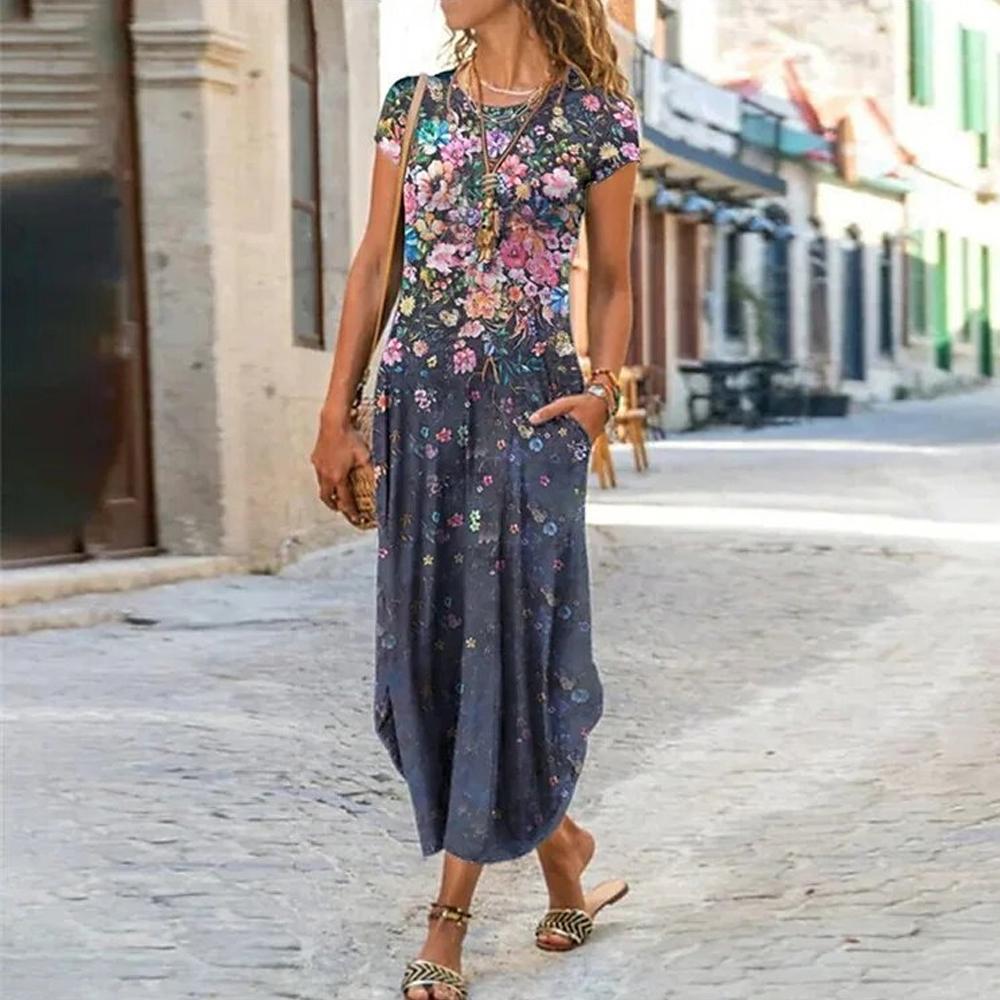 Floral Print Round Neck Short Sleeve Long Dress