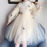 Girls Party Dress Butterfly Embroidery Lace Patchwork Knitted Dress