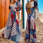 Geo Print Surplice Front V Neck Bishop Sleeve Backless Long Dress