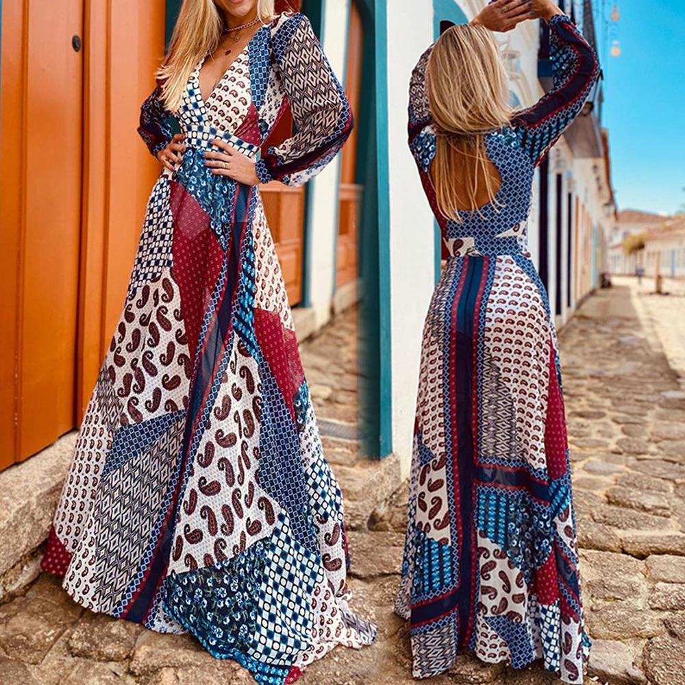 Geo Print Surplice Front V Neck Bishop Sleeve Backless Long Dress
