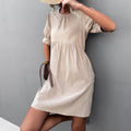 Solid Puff Sleeve Button Back Round Neck Casual Dress