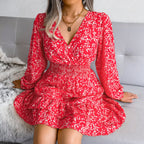 Fashion Long Sleeve Chiffon Dress Floral Printed Deep V-neck Midi Party Dress