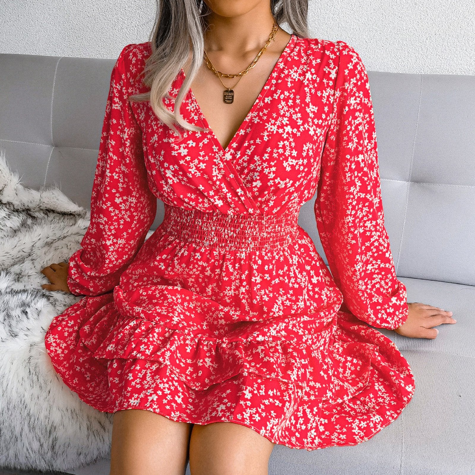 Fashion Long Sleeve Chiffon Dress Floral Printed Deep V-neck Midi Party Dress