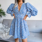 Elegent Chiffon Dress Floral Printed Deep V-neck Midi Party Dress