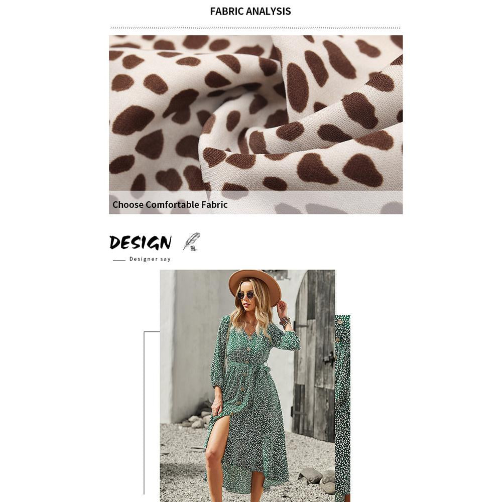 V Neck Polka Dot Print Long Sleeve High Low Hem Belted Dress