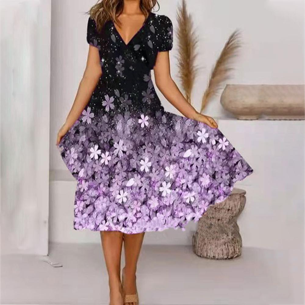 ¡¾HOT SALE¡¿Black Ombre Floral Print V Neck Short Sleeve Dress