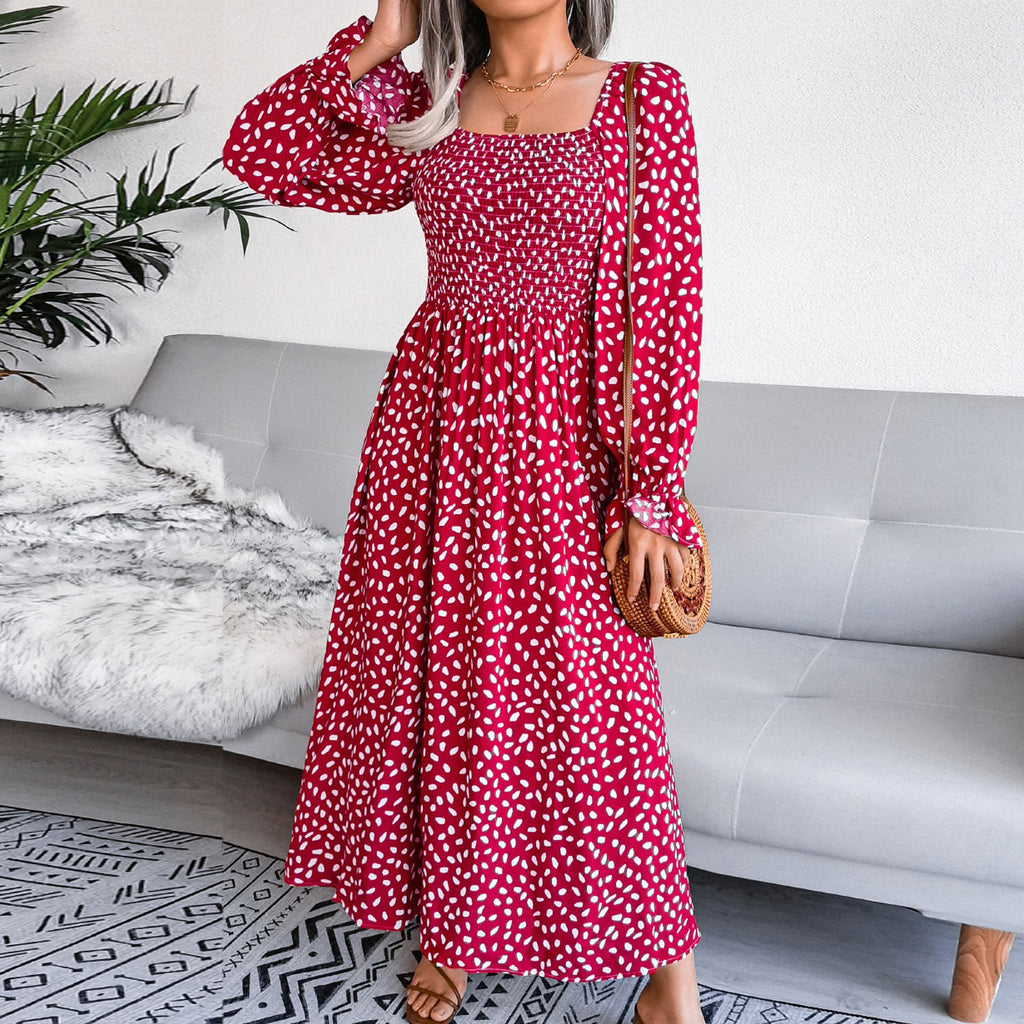 Adult Square Neck Maxi Dress Puff Sleeve Pleated Dress