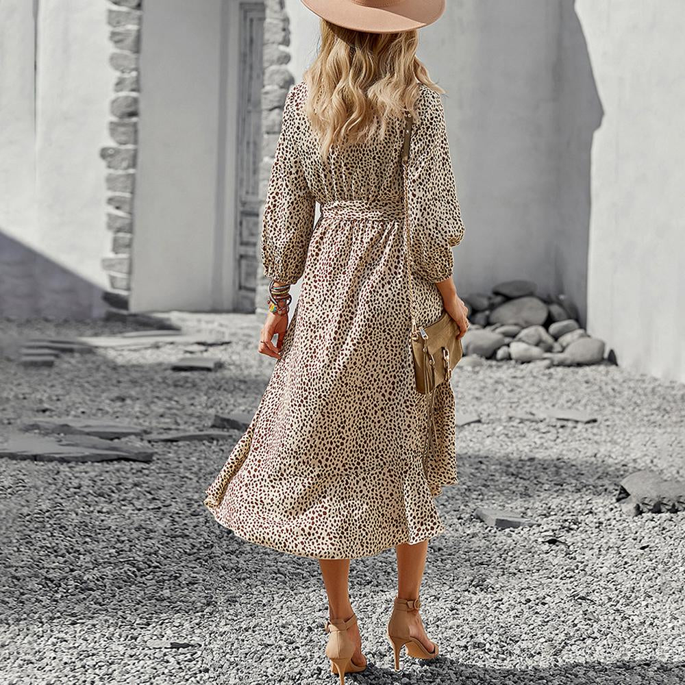 V Neck Polka Dot Print Long Sleeve High Low Hem Belted Dress