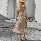 V Neck Polka Dot Print Long Sleeve High Low Hem Belted Dress