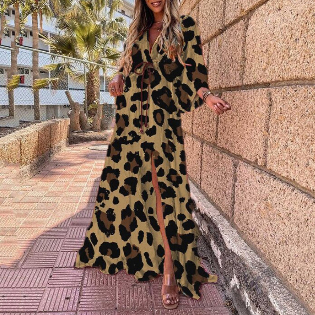 Drawstring Allover Heart & Leopard & Marble &  Floral & Graphic Print Plunging Neck Lantern Sleeve Maxi Dress