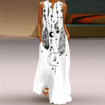White Feather Print Sleeveless V Neck Maxi Dress