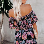Allover Floral Print Off Shoulder Ruffle Hem Belted Maxi Dress