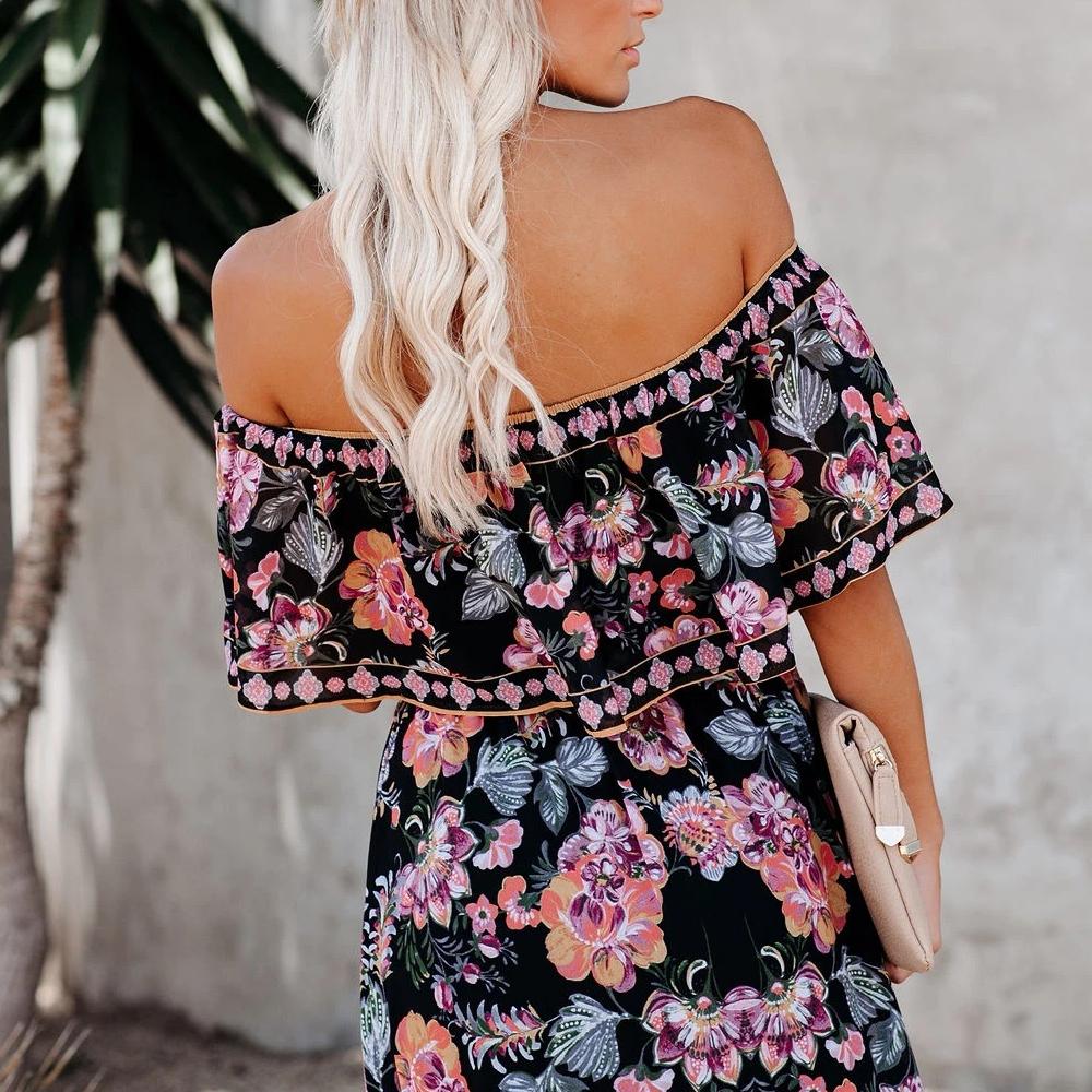 Allover Floral Print Off Shoulder Ruffle Hem Belted Maxi Dress