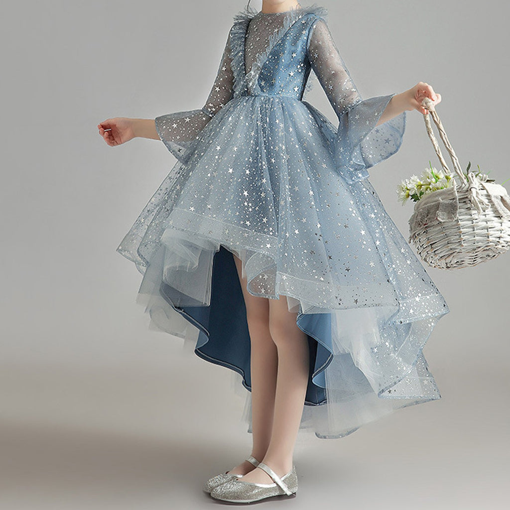 Girls Fashion Gold Sequins Prom Dress Children Pageant Gown Princess High-low Dress