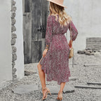 V Neck Polka Dot Print Long Sleeve High Low Hem Belted Dress