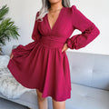 Sexy Pleated Chiffon Dress Elegent V-neck Solid Dress