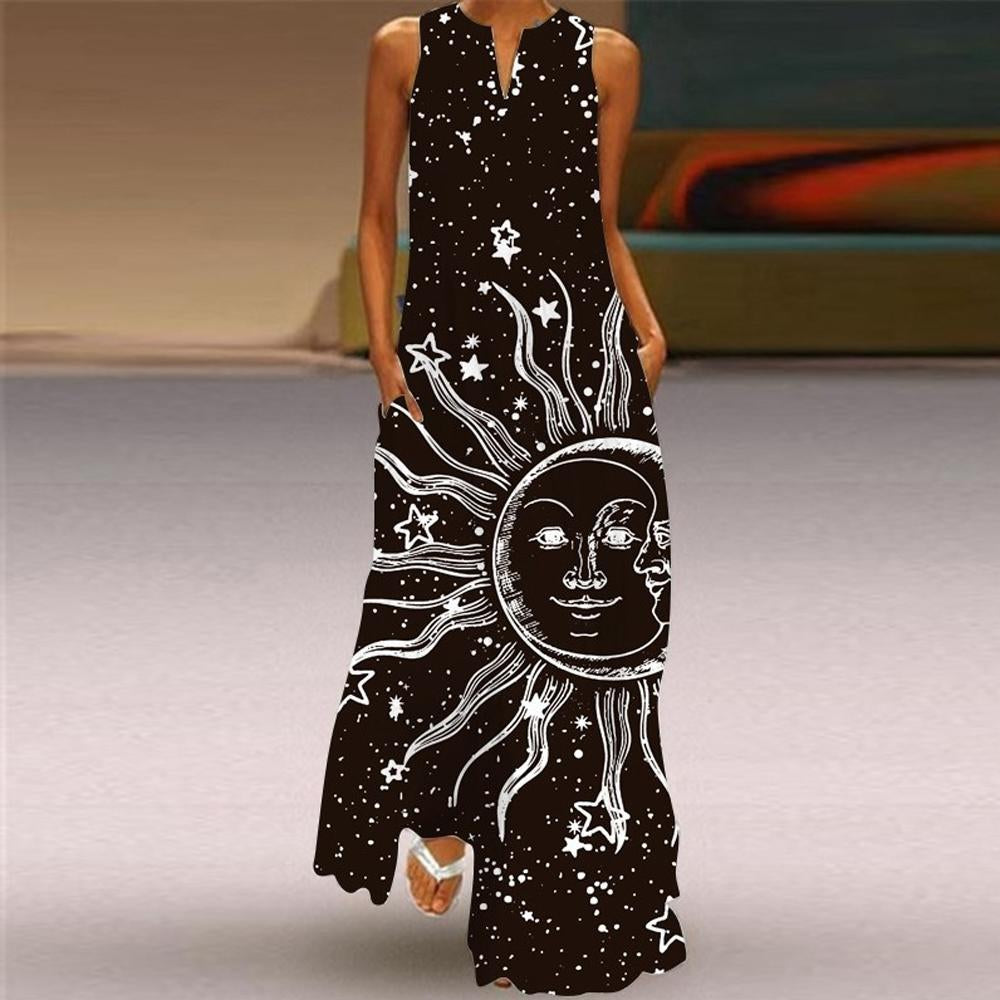 Feather & Balloon & Sun & Geometric Print Sleeveless V Neck Maxi Dress