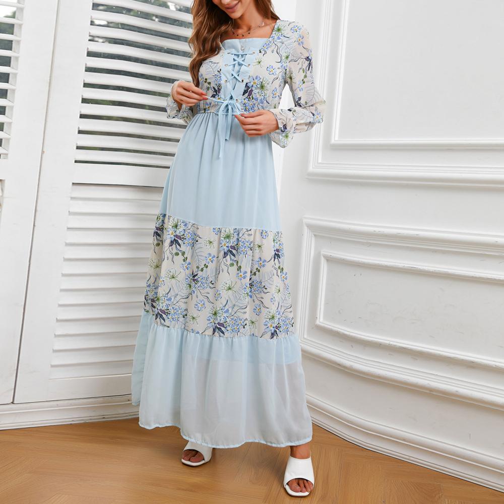 Square Neck Floral Print Lace up Front Flounce Sleeve Patchwork Maxi Dress
