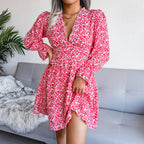 Elegent Chiffon Dress Floral Printed Deep V-neck Midi Party Dress